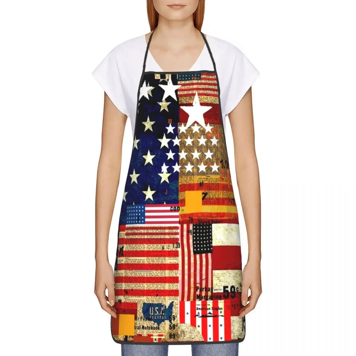 Funny Collage Of American Flags Bib Aprons Women Men Unisex Kitchen Chef Patriotic Tablier Cuisine for Cooking Baking Painting