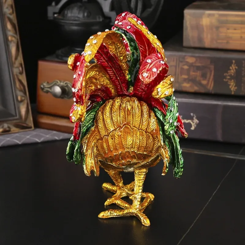 Hand Painted Alloy Rooster Jewelry Box Full Rhinestone Decorative Trinket Storage Case for Home Office Desk Ornament Unique