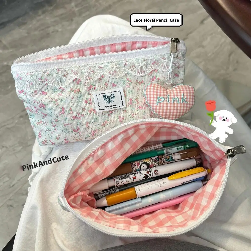 Floral Lace Pencil Case Large Capacity Cute Bow Stationery Bag Cosmetic Pouch School Office Supplies