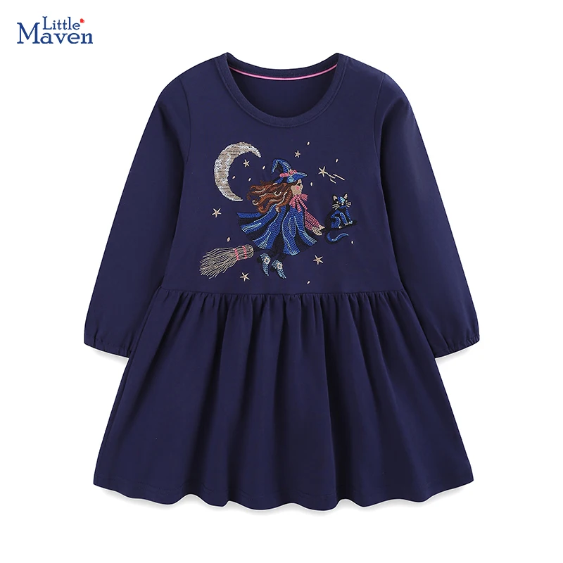 Little maven 2026 Frühling Herbst Neues Kleid Kinderkleidung Baby Mädchen Langarm Cartoon Hexenkleid Kinderbekleidung Baumwolle