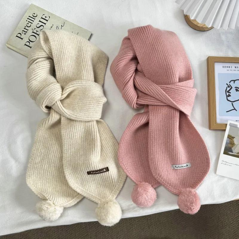 New red hairball knitted scarf women's 2026 winter solid color thickened warm wool scarf shawl with trendy outside