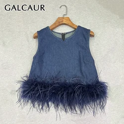 GALCAUR Spliced Feathers Hem Denim Tank Tops Eor Women O Neck Sleeveless Patchwork Metal Decoration Short Vest Female Autumn New