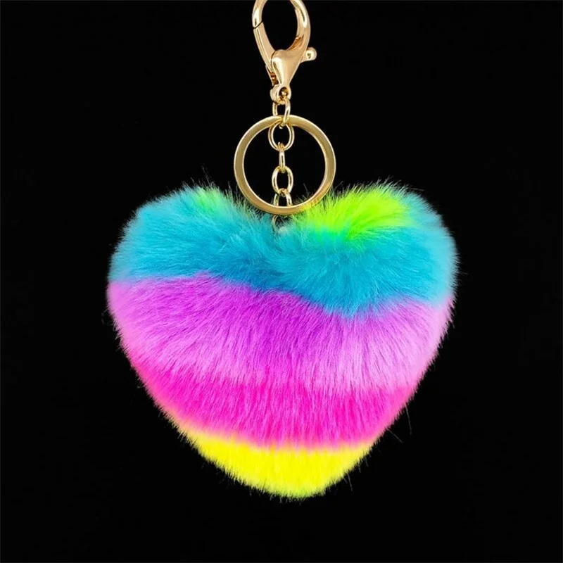 15x10cm Multi-Color Heart Fur Keychain Fluffy Faux Rabbit   Key Chain Keyring Car Bag Pendant for Women Fashion Gifts