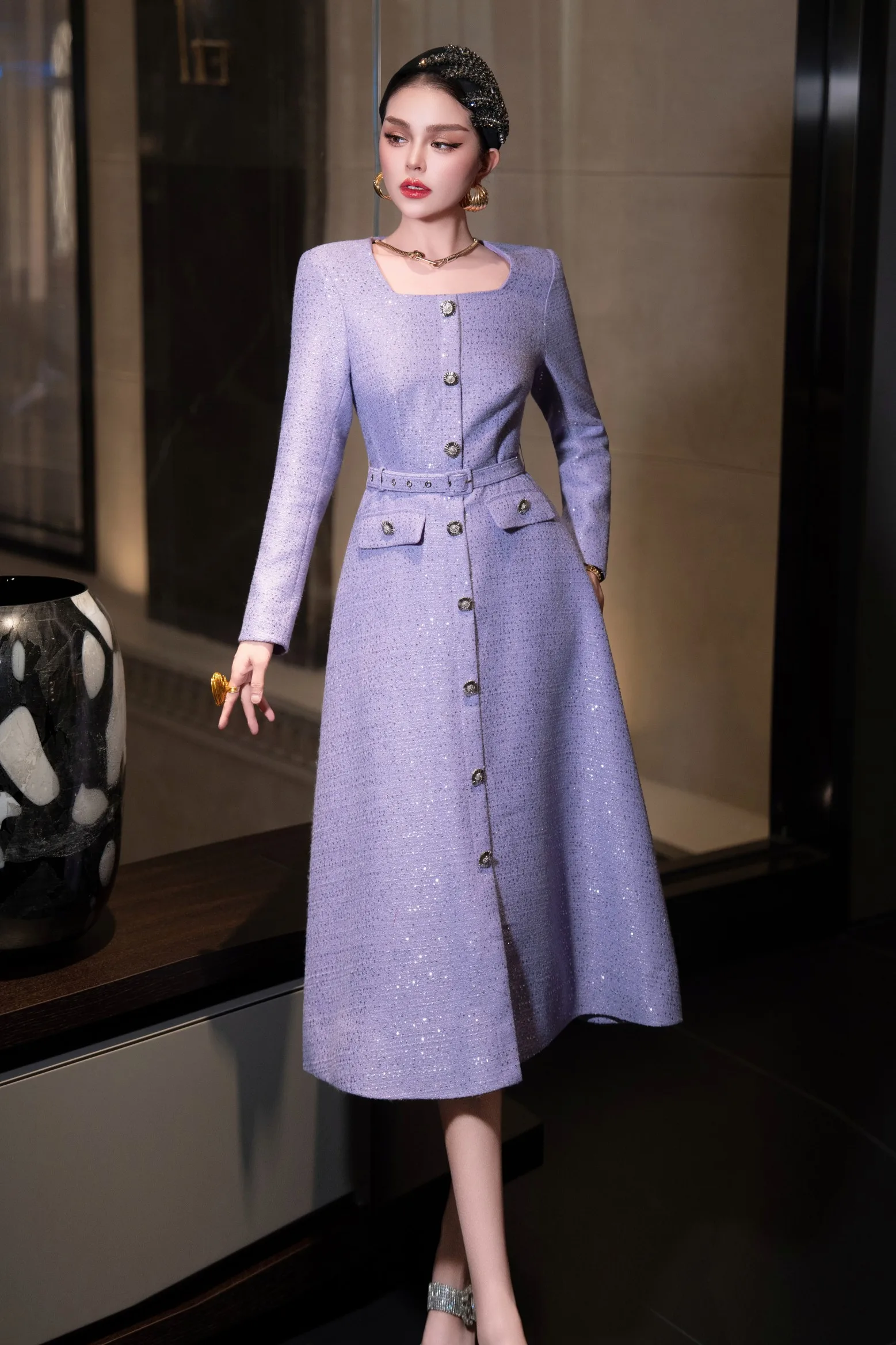 fitted lace wedding dress Dorrit Purple Tweed Midi Dress L main image 1