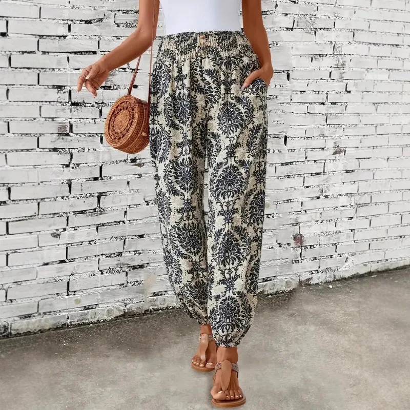 Bedruckte Hose mit Amazon-Ethno-Muster, lange Hose mit böhmischer plissierter Taille, modische, individuelle und bequeme Damenhose