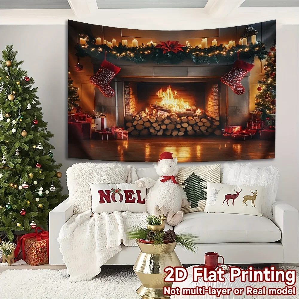 [Christmas Wedding Birthday] 2D Banner 1pc Christmas Background Cloth 70.8X90.5in Fireplace Background Polyester Fo