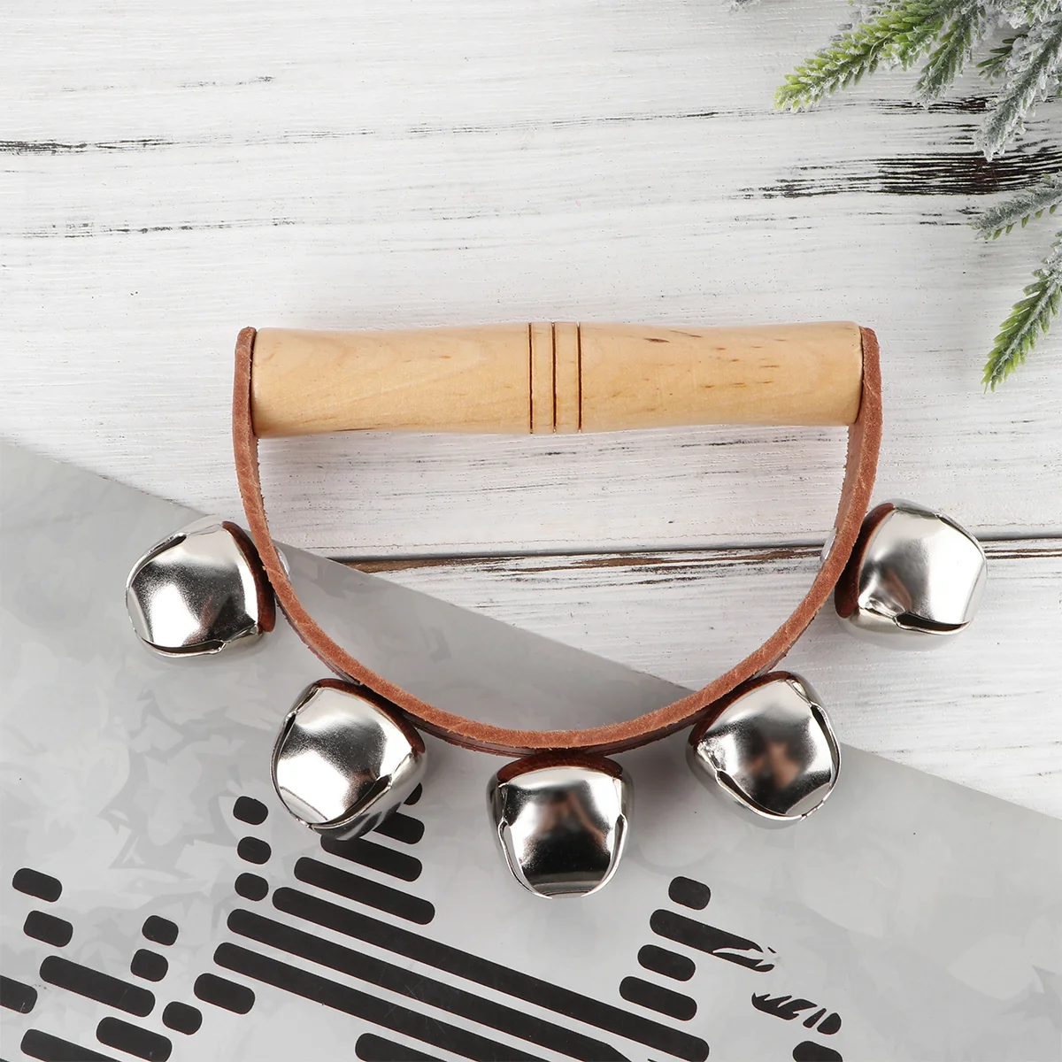 

Wooden Orff Semicircle Percussion Instrument Holding Bell Rattle G13-5b Tambourine Santa Clasu Hand Kids Musical Handbells