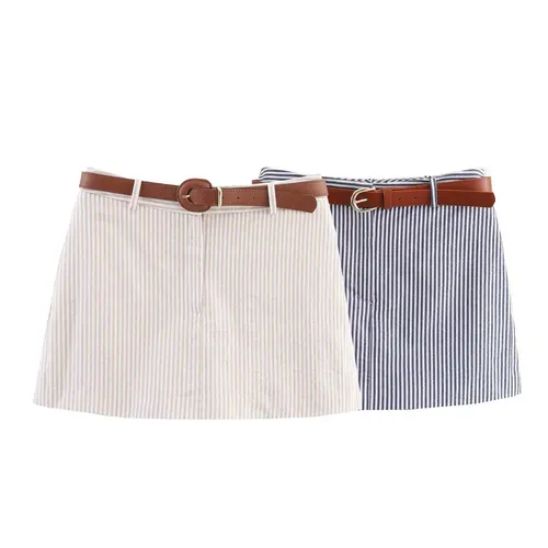 Imagen 1 del producto 2025 nueva ropa de verano para mujer temperamento de moda simple y versátil corte ajustado con cinturón falda a rayas pantalones
