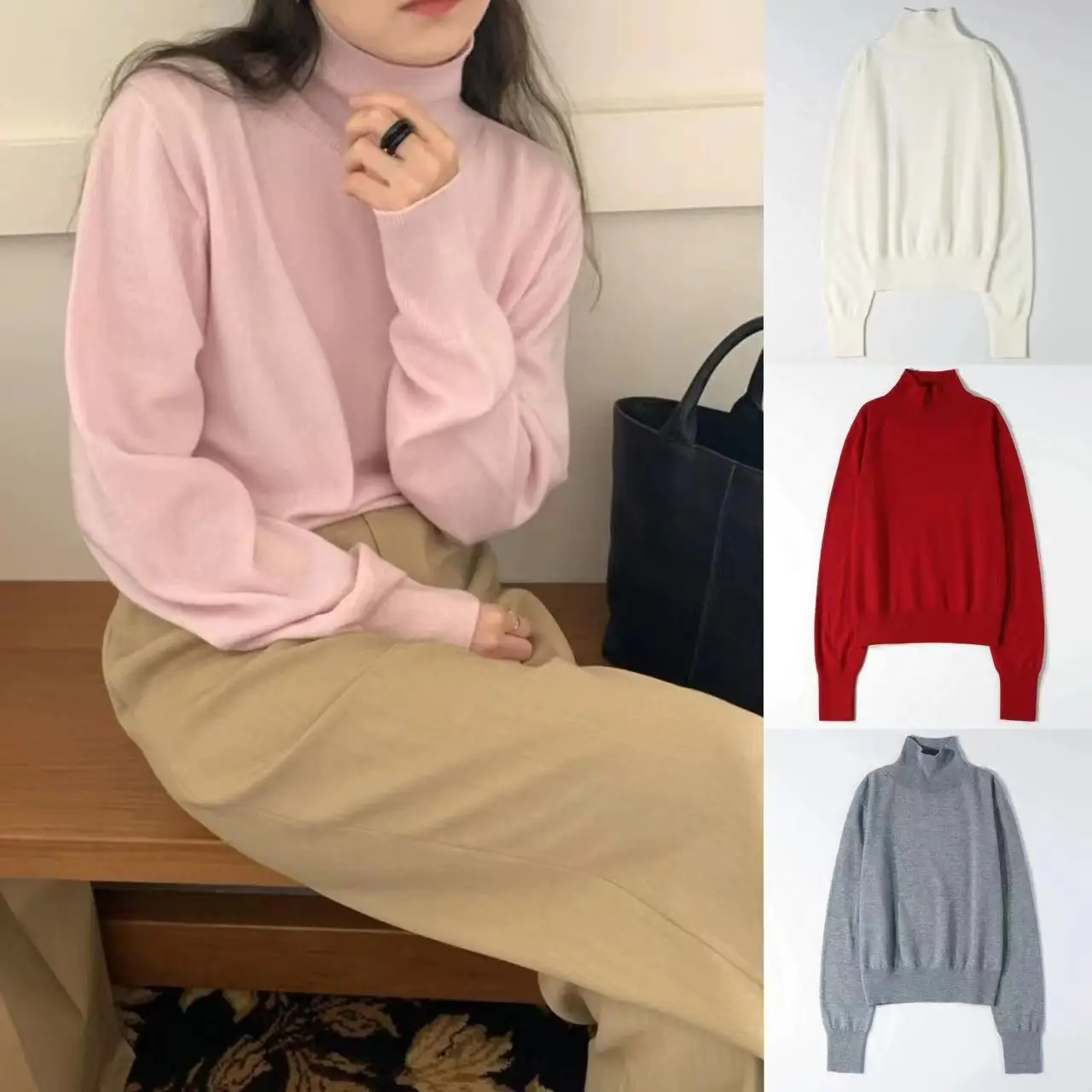 부드러운 울 하이넥 니트 스웨터 여성용 베이스 레이어 출퇴근용 긴 소매 순색 가을 겨울 패션