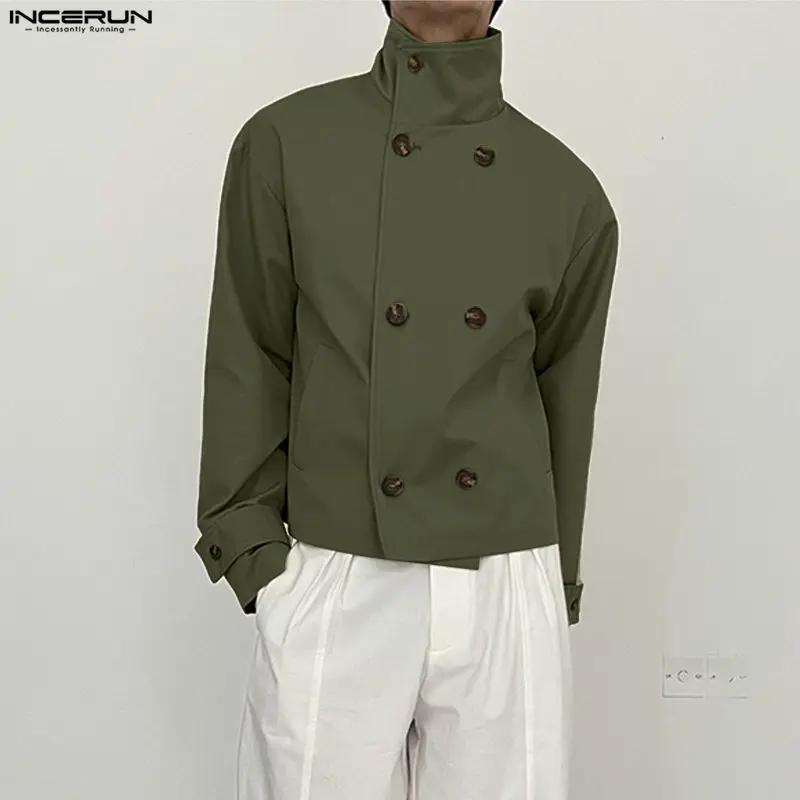 INCERUN 남성 트렌치 솔리드 스탠드 칼라 긴 소매 더블 브레스티드 남성 코트 스트리트웨어 루즈 패션 캐주얼 크롭 윈드브레이커