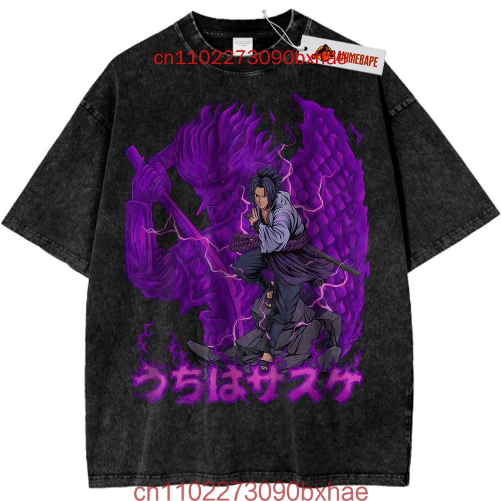 

2025 New Naruto Sasuke Washed Old Short-sleeved T-shirt Summer Trend Oversize Clothes Animation Uchiba Men's T-Shirt