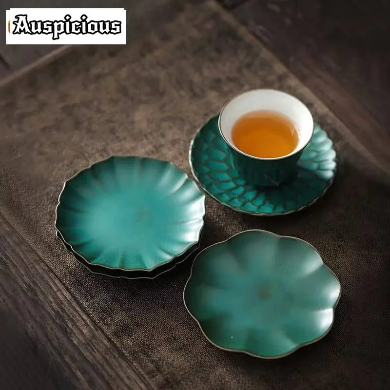 2pcs/Set Japanese Style Turquoise Ceramic Tea Cup Pad Creative Coarse Ceramic TeaCup Holder Heat Insulation Pad Accessories Gift