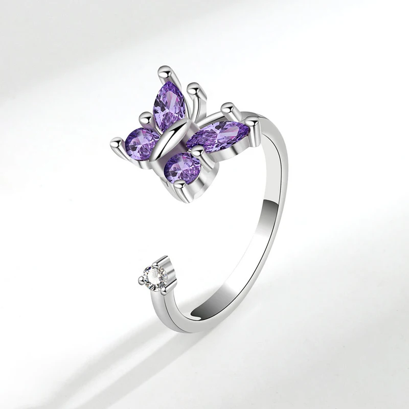 New Elegant Lovely Rotatable Purple Butterfly Zircon Adjustable Lucky Rings Women&Girl 925 Sterling Silver Fashion Jewelry Gift