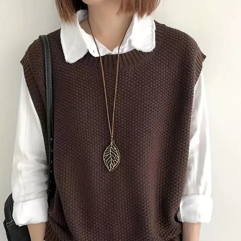 One Size Knitted Vest For Women 2023 Spring Irregular Hem Loose Sleeveless Jackets Fashion Solid Crew Neck Sweater Vest Pullover