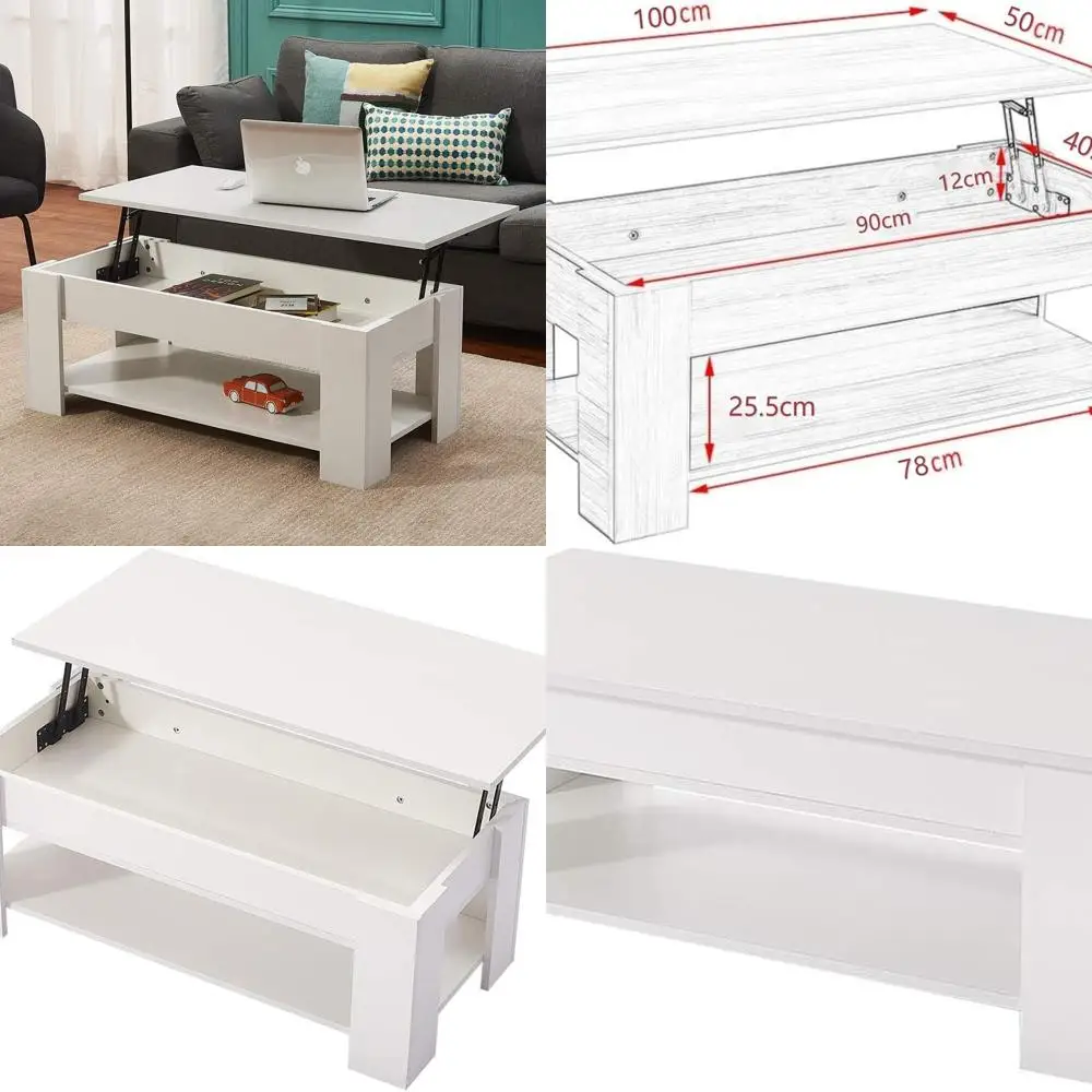

Contemporary Lift-Top Coffee Table with Concealed Storage and Wooden Shelf for Living Spaces and Offices, 39.4 x 19.7 x 18.5, Wh