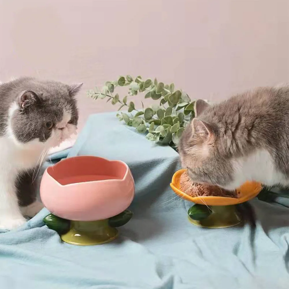 Cute Ceramic Cat Bowl High Foot Plate Non-slip Flower Shape Dog Puppy Feeder Feeding Food Water Protection Cervical Pet Supplies