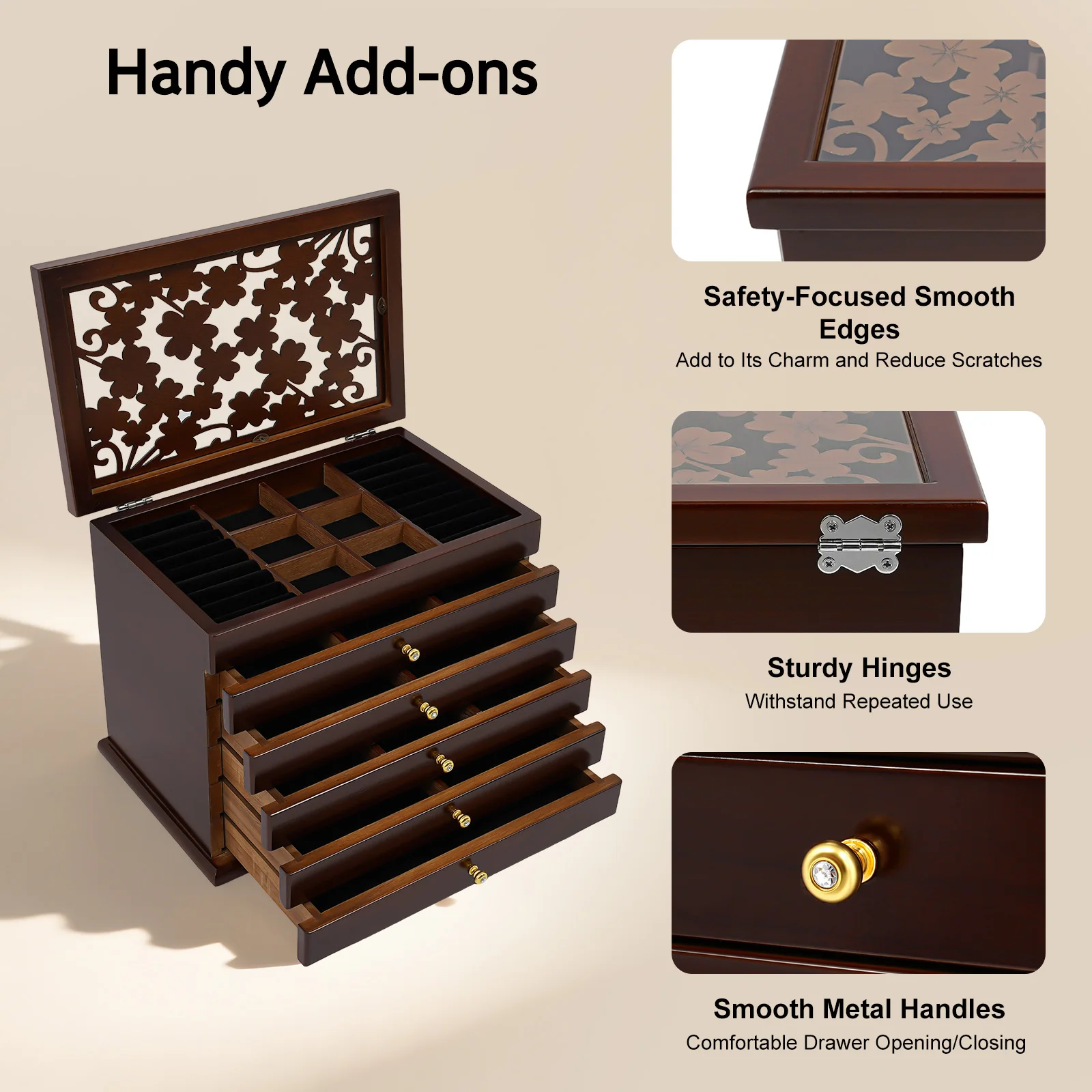 

6-слойная шкатулка для драгоценностей, деревянный органайзер для ювелирных изделий, шкатулка для хранения без зеркала, несколько отделений для колец, серег, ожерелий, браслетов