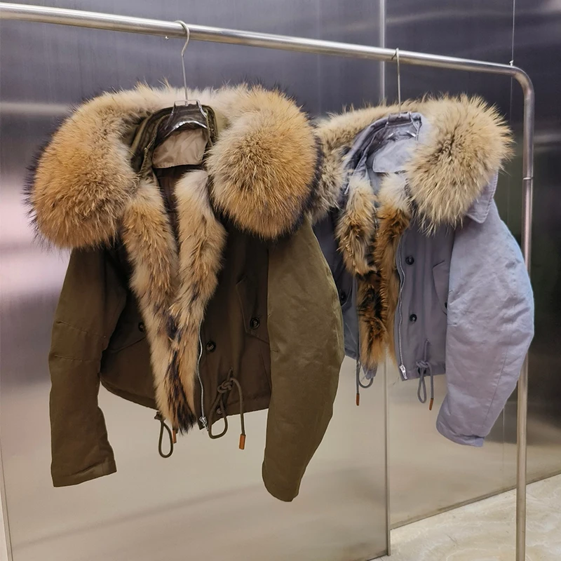 새로운 도착한 여성 이동식 분리형 큰 진짜 너구리 모피 칼라 파카 따뜻한 다운 재킷 느슨한 특대 파카 까마귀 코트