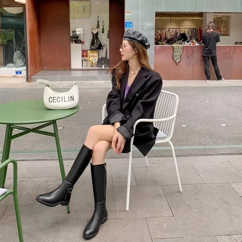 Botas hasta la rodilla Vintage De invierno para Mujer, botines largos De caballero con cremalleras traseras a la moda, Botas De tacón bajo De diseñador para Mujer