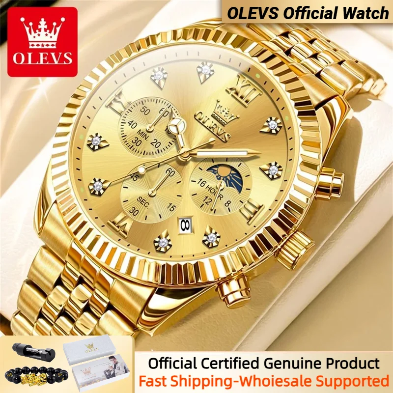 OLEVS Men's Quartz Watch Luxury Brand Diamond Watch Fashion Business Multi functional Lunar PhaseWaterproof Watch Reloj Hombre