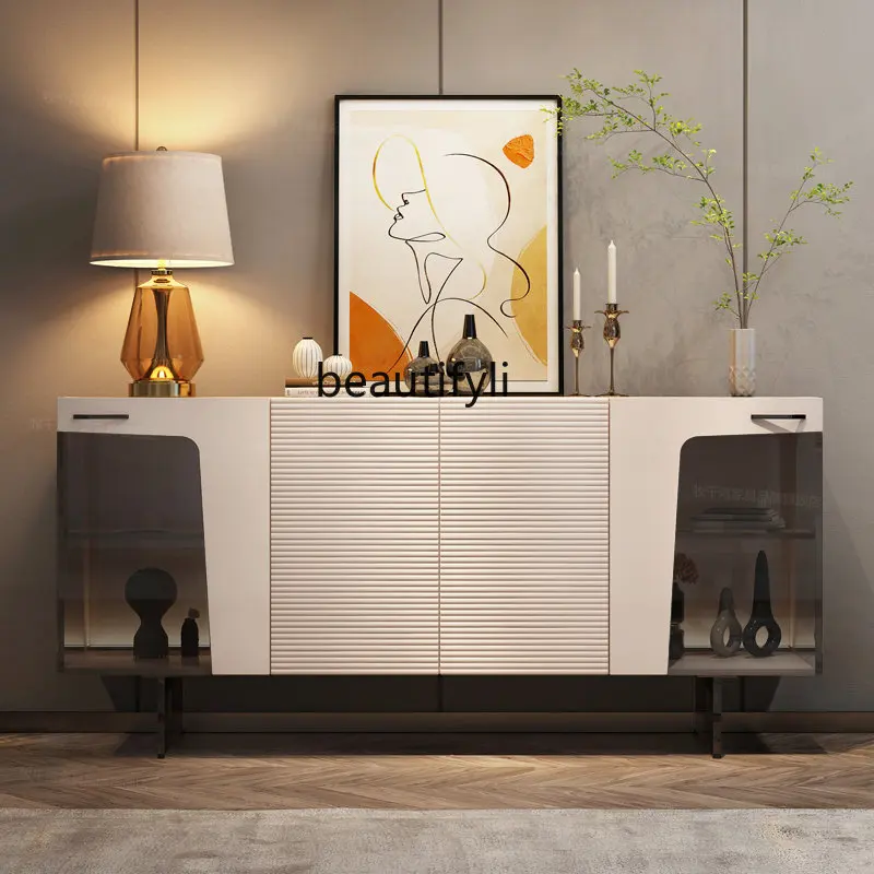 

Italian-Style Light Luxury Home Entrance Cabinet Modern Minimalist Living Room Locker with Lights Stone Plate Sideboard Cabinet