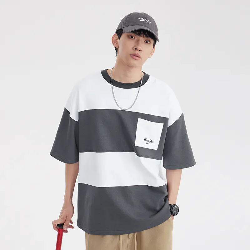Japanese Retro Cityboy American Style Men 220G Heavyweight Crew Neck Color Block Patchwork Pocket Short Sleeve Casual Tee S-3XL