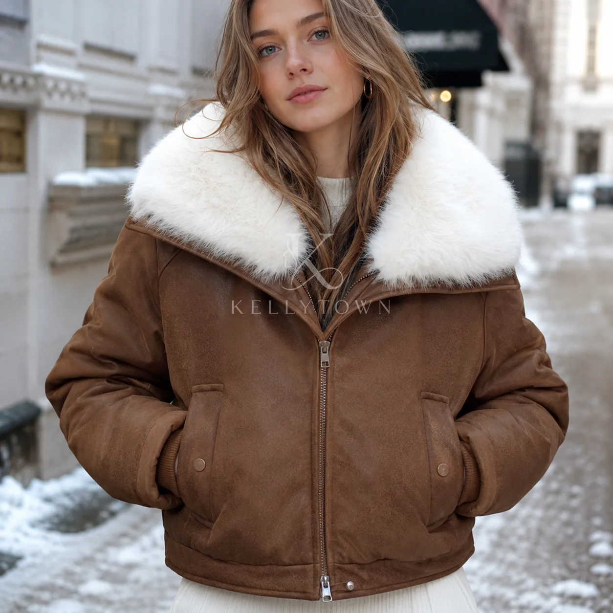 2026 Winter Faux Fur Collar Women Parkas Oversized Cropped Puffer Jacket Zip Up Quilted Coat Warm Thick Short Padded Outerwear