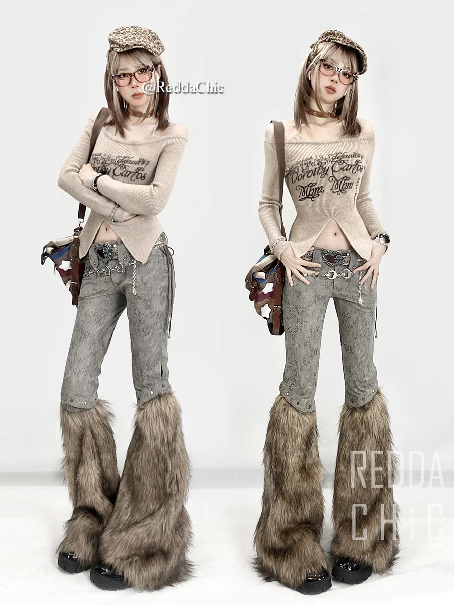 REDDACHiC Faux Fur Women\'s Boot Cut Pants Fuzzy Grayu Y2k Vintage Washed Slim Fit Patchwork Flared Trousers Harajuku Streetwear