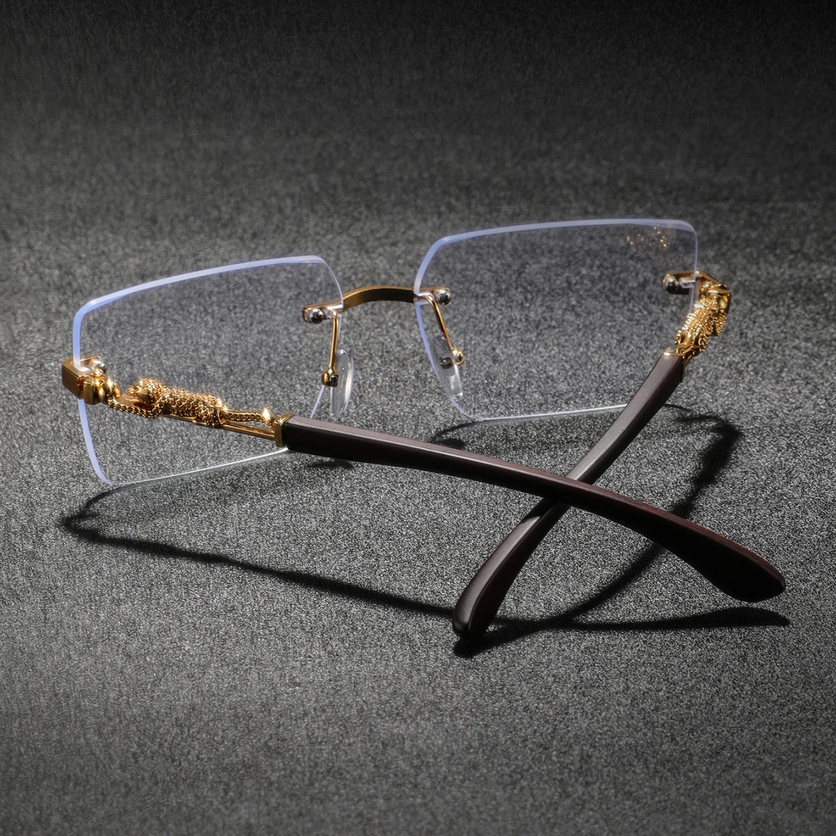 1組の、フレームのない、金色の木目模様が施された、長方形の、 - Men'S Fashion Non Prescription Glasses のレビューと価格