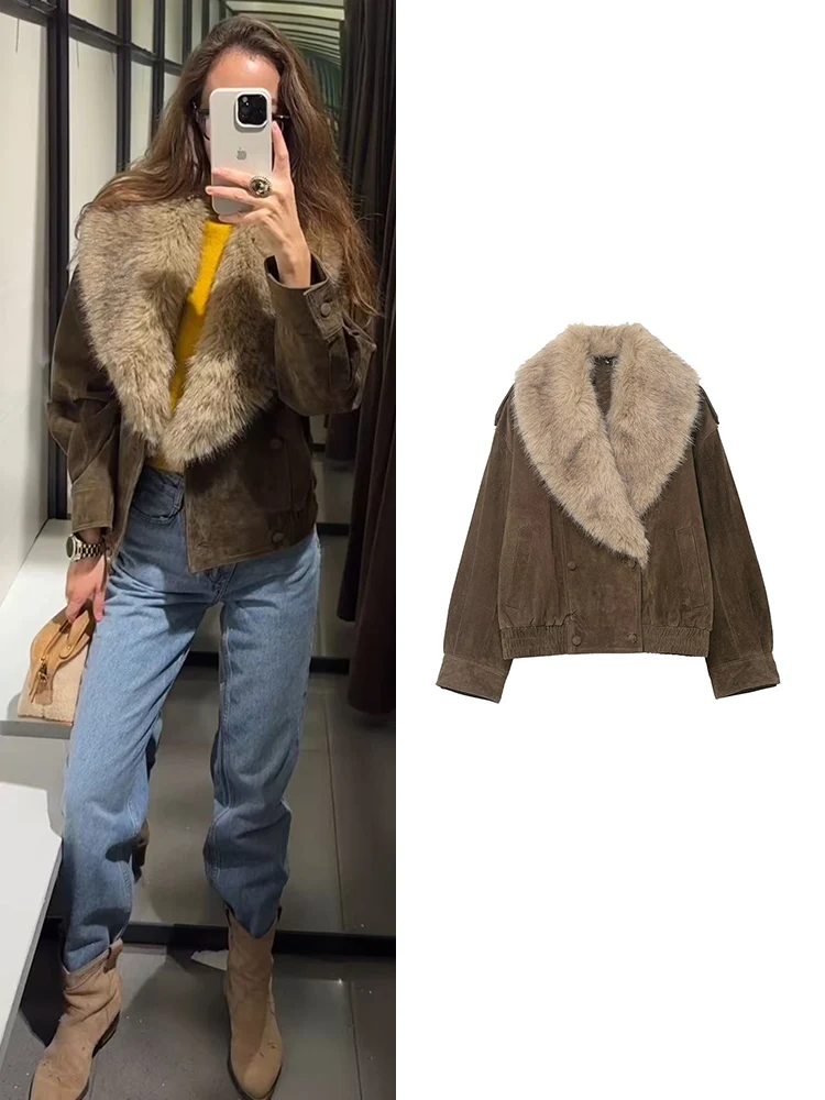 

TFMLN зимняя женская замшевая куртка с воротником из искусственного меха, модная теплая двубортная женская куртка с лацканами и длинными рукавами, повседневная новинка