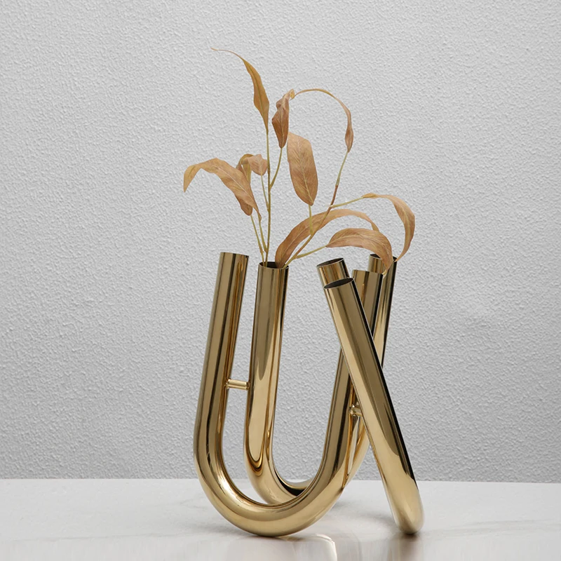 Modern Gold Metal Staggered Thin Mouth Vase For Living Room Dining Table U Shape Tube Ornament Office Soft Art Decor Accessories