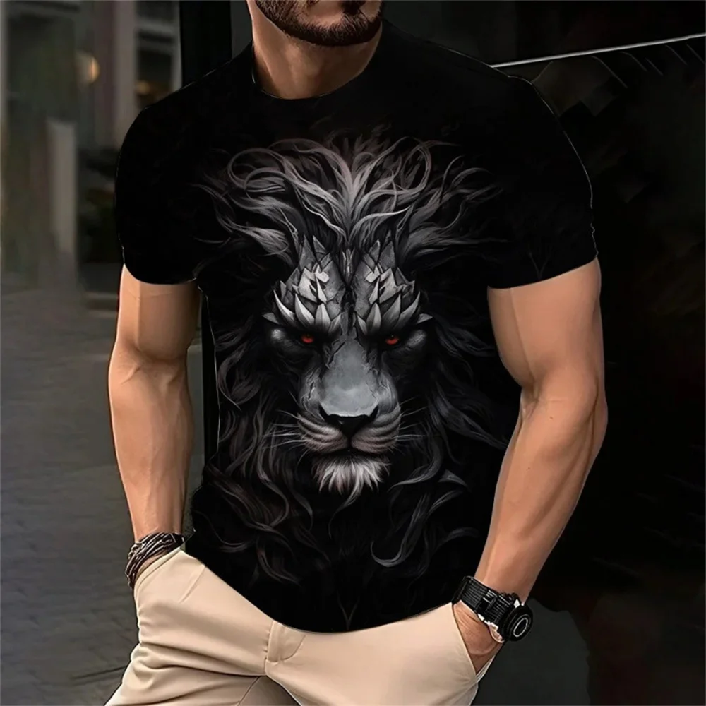 2025 new cross-border 3D printing men's summer short sleeve T-shirt animal male lion print casual loose top
