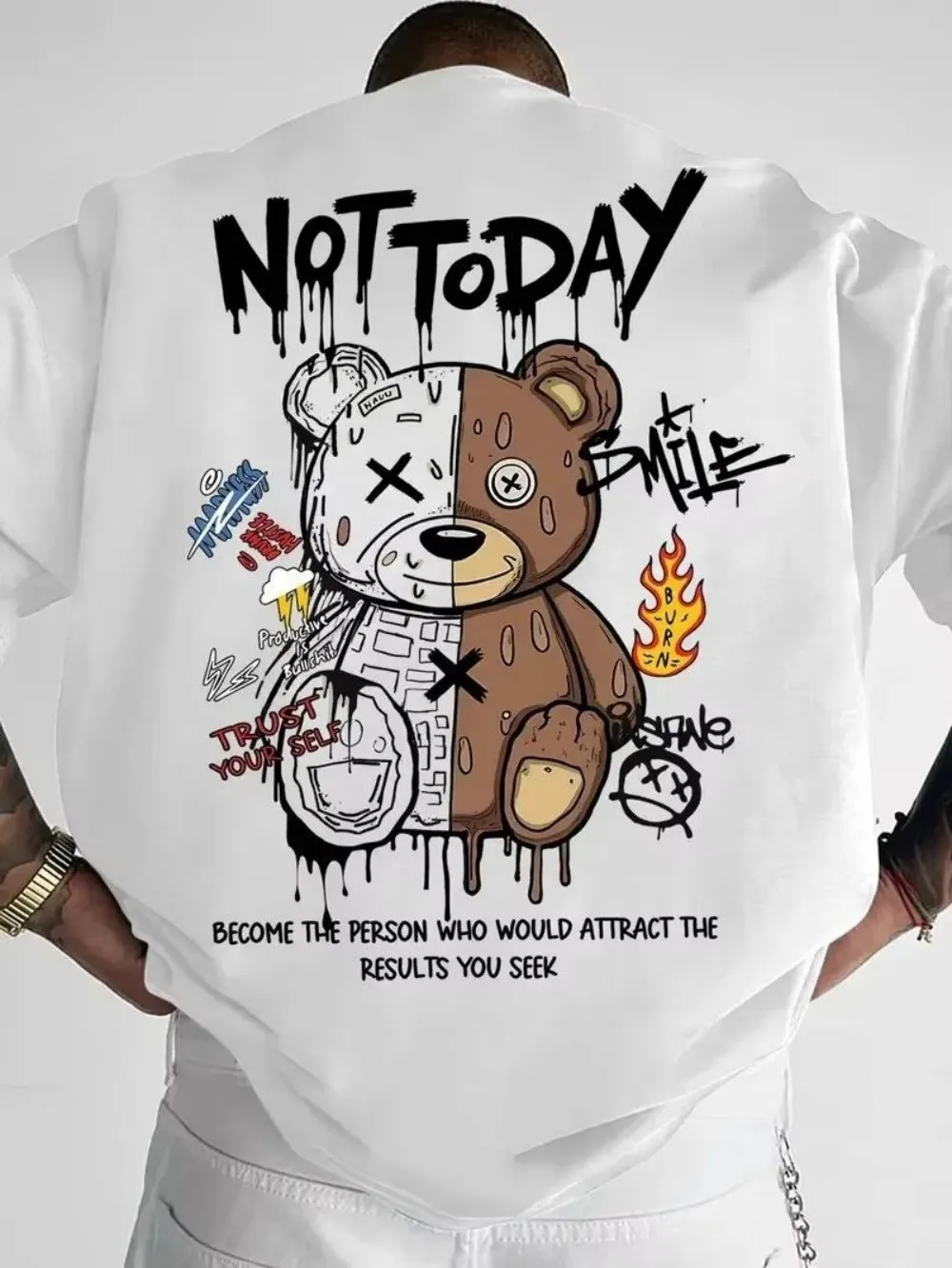 Fashionable Men's Summer Spliced Teddy Bear Letter Print Comfortable and Breathable Round Neck T-Shirt Outdoor Street Top