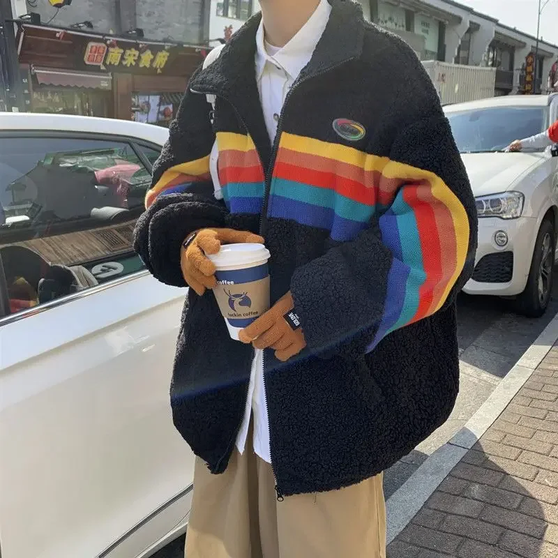 Autumn and winter lamb wool cotton coat boy Hong Kong style loose rainbow stitching tide brand handsome casual all-match coat