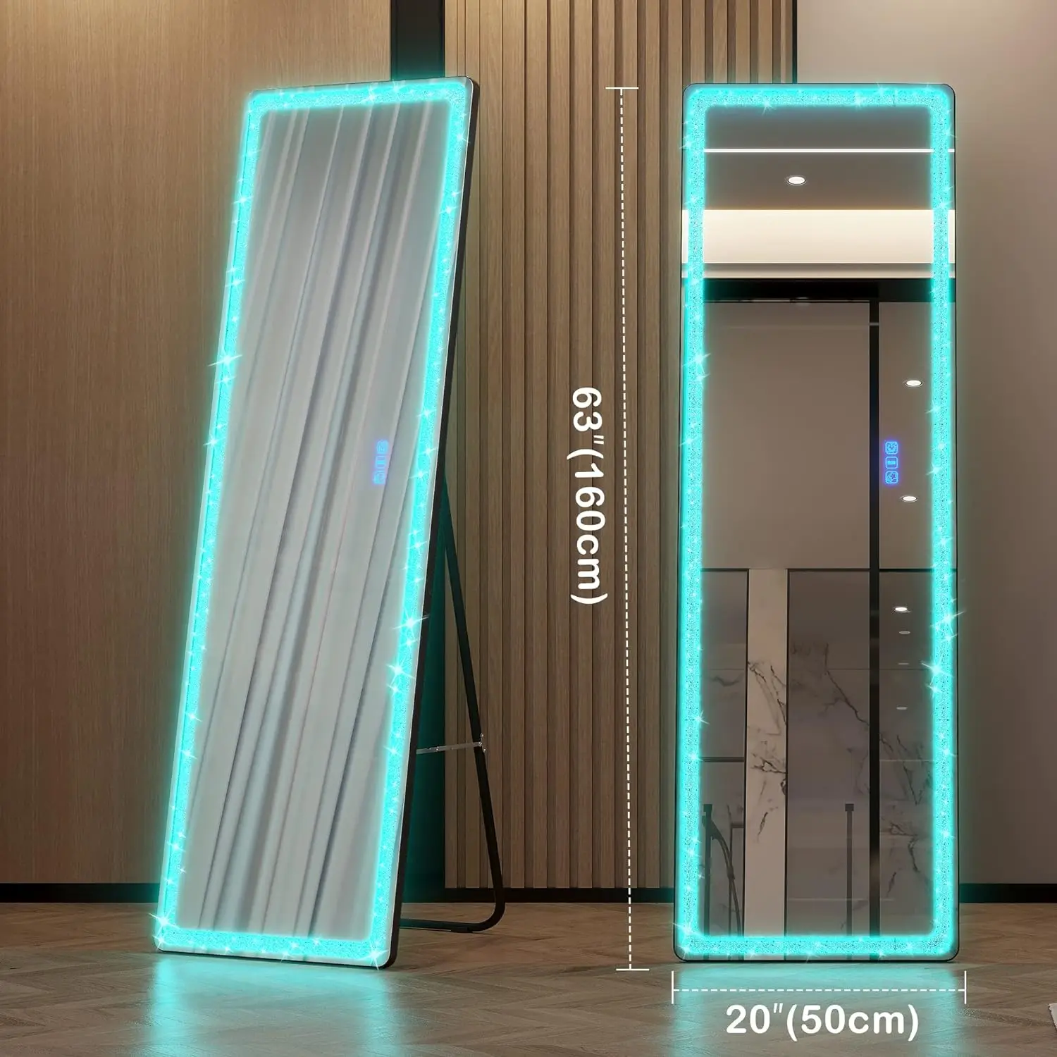 Full Body LED Mirror with RGB Lights Crushed Diamond Frame 63x20 Floor/Wall Standing Mirror Adjustable Colors & Brightness HD