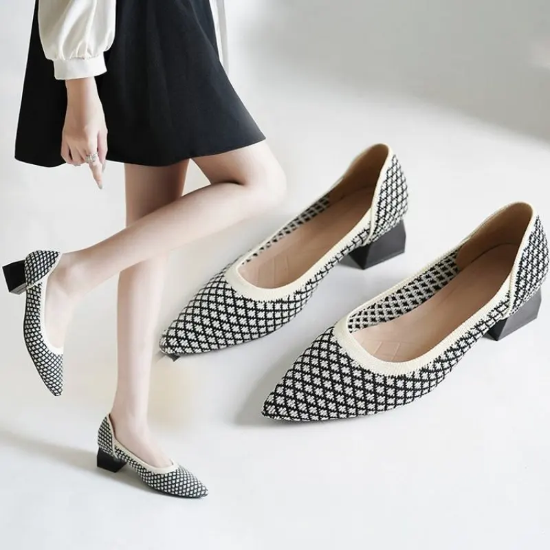 NEW Spring Summer 2024 Women's Pointed Toe Shallow Mouth Flat Shoes Fashion Ladies Knitted Single Shoes Breathable Shoe Female