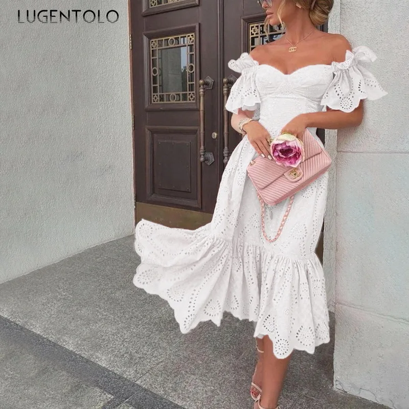 Frauen Sexy Kleid Slash Neck Dot Schlank Party Off-die-schulter Ärmellose Dame Elegante Einfarbig Mode Neue lange Kleidung