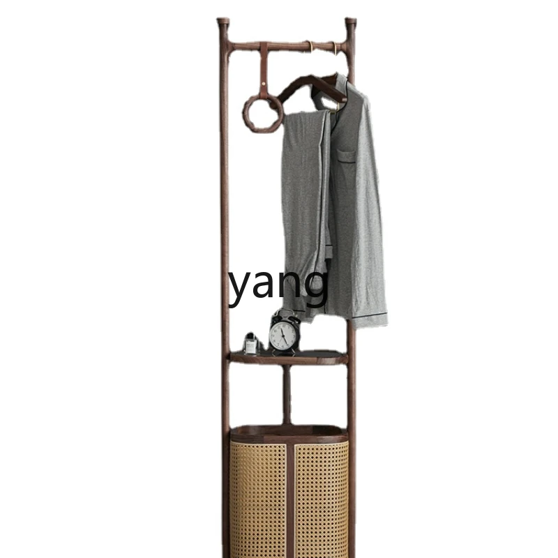 Yhl Floor Bedroom Solid Wood Hanger Household Black Walnut Movable Rattan Dirty Clothes Basket Coat Rack