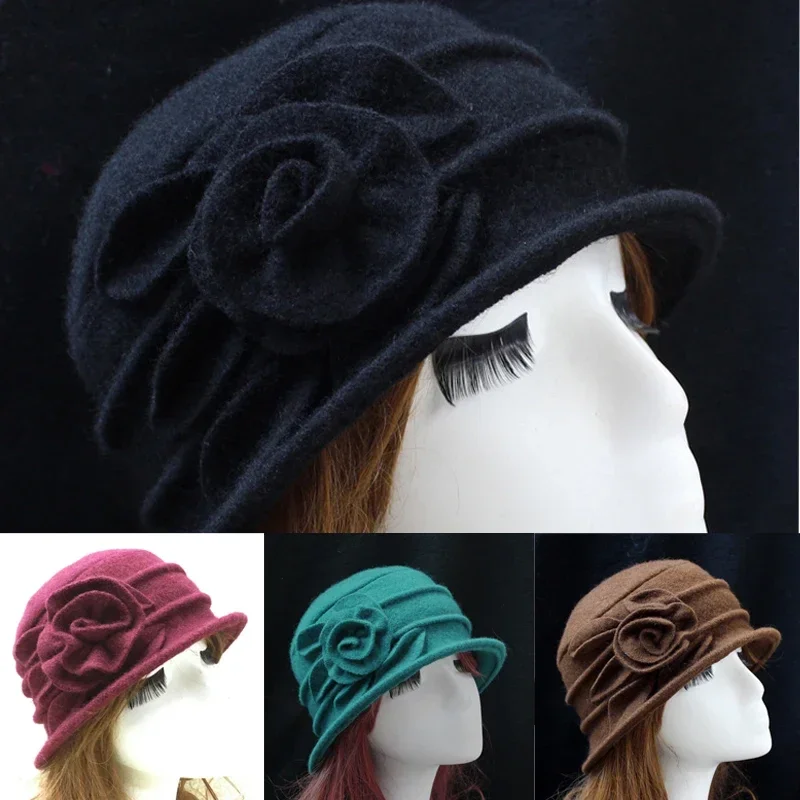 Vintage Retro Wool Men Hats Autumn Winter Female Warm Fedora Lady Luxury Elegant Felt Beret Cap Woman Chic Flower Cloche Hat