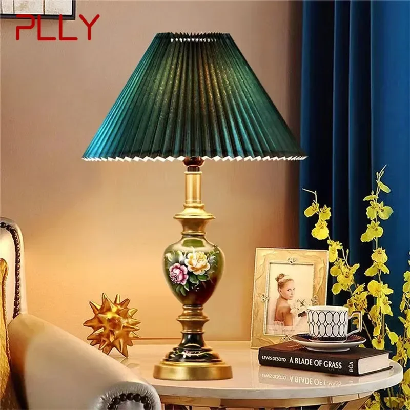 PLLY lampu meja Retro gaya Amerika, lampu meja samping tempat tidur mewah Prancis ruang tamu belajar Villa Hotel kamar tidur LED