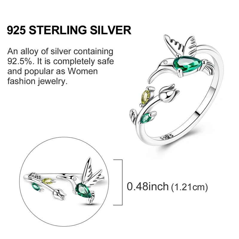 Women's 925 Sterling Silver Green Zircon Clover Open Ring