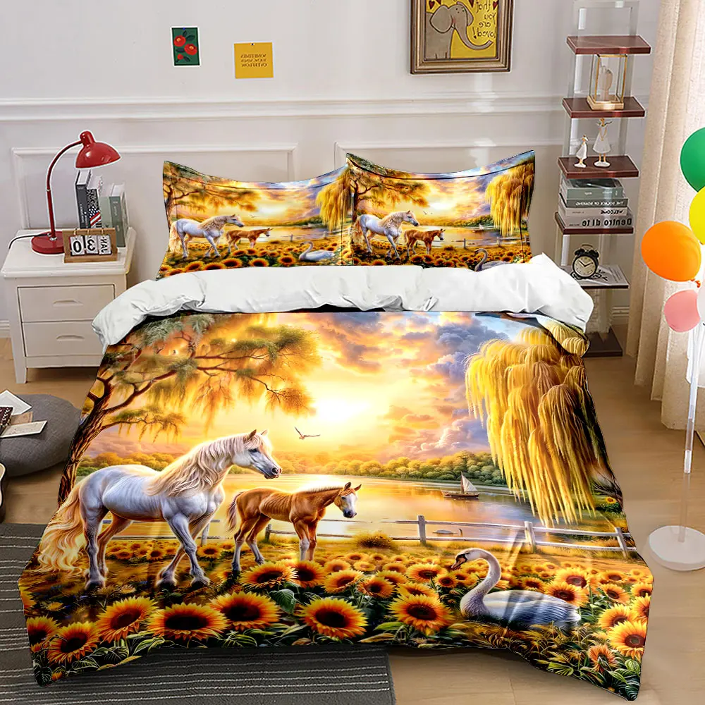 

Serene Countryside Sunset Art Set kid's and adults' bedroom decor, Exquisite three-piece bedding set gift