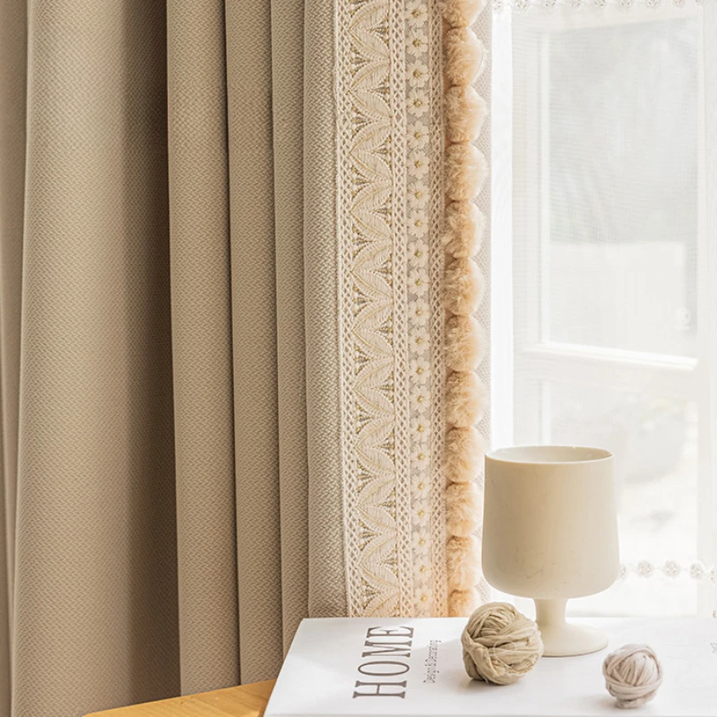 

French Cream Style Curtains Taro Milk Tea Colored Hairy Ball Embroidered Lace High Shadings Thickened Fabric Splicing Curtains