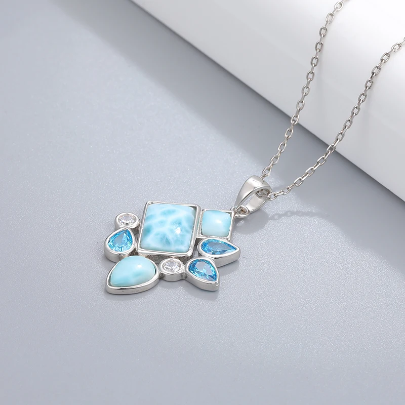 Geometric Design Hot Selling 925 Sterling Silver Natural Blue Larimar Pendant Necklace Womens Jewelry For Dating