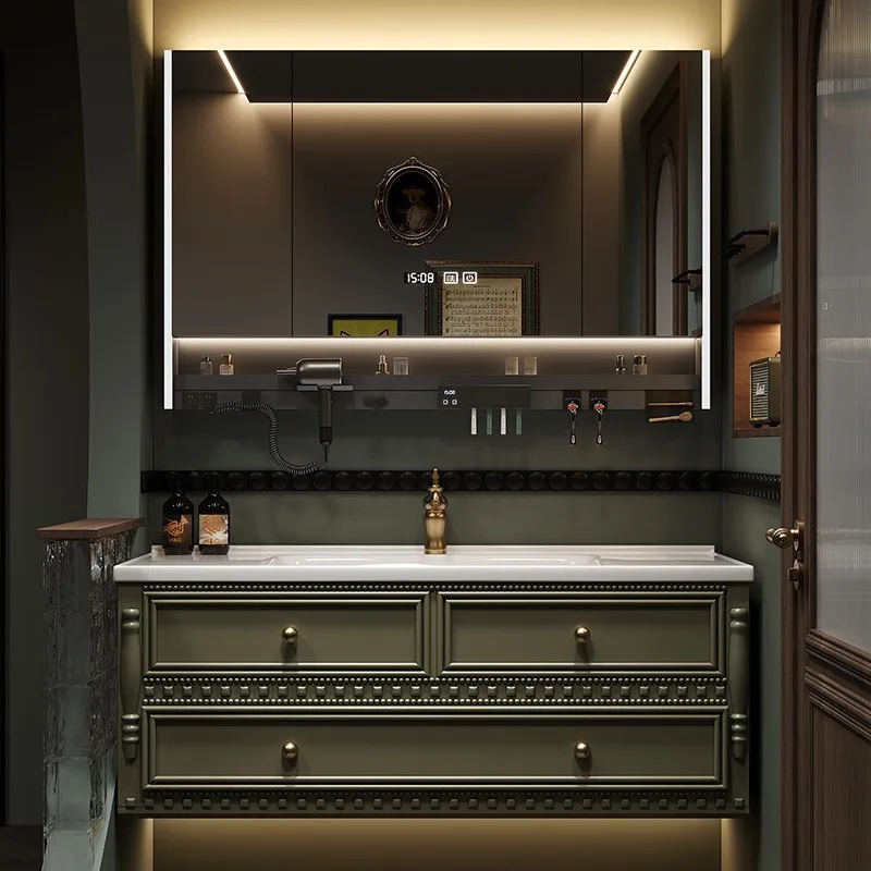 Factory Direct 2026 French retro bathroom cabinet ceramic integrated basin washbasin cabinet combined bathroom hand wash station