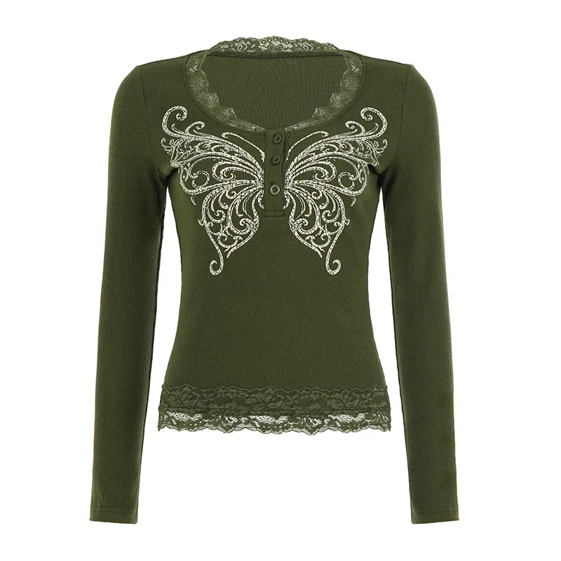Womens Solid Color Fitted Long Sleeve T Shirt with for Butterfly Motif and Delicate Lace Trim for Spring Autumn Winter