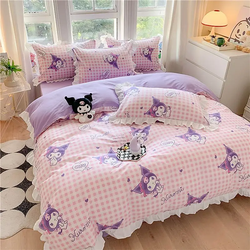 Cute Cartoon Kawaii Sanrioed Kuromi My Melody Hellokittys Cinnamoroll Pure Cotton Lace Style Duvet Cover 4 Piece Bed Sheet Set