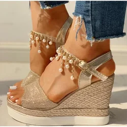 2024 New Women Wedge Sandals Summer Bead Studded Detail Platform Sandals Buckle Strap Peep Toe Thick Bottom Casual Shoes Ladies