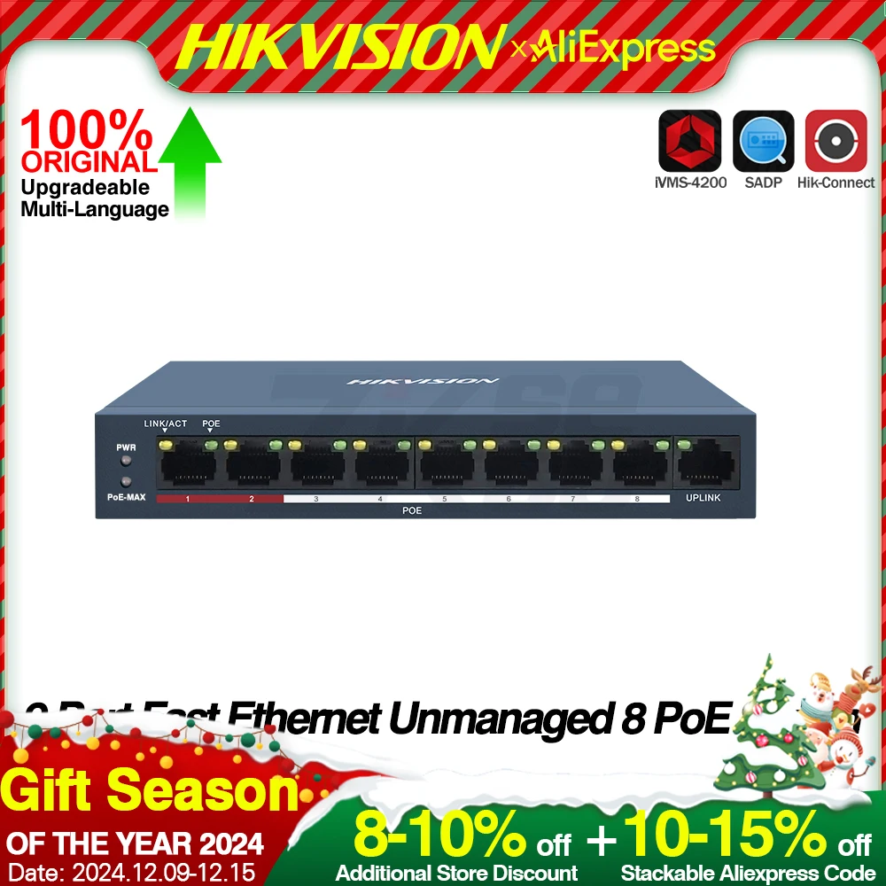 Hikvision POE Switch DS-3E0109P-E/M (8POE+1CH) 100Mbps Fast Ethernet Unmanaged RJ45 Port DC 48V for Security POE IP Camera NVR