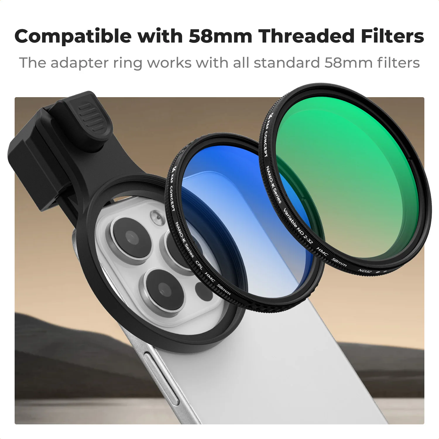 Filtr K&F Concept 67mm z klipsem do telefonu, filtr ND 58mm 67mm, filtr CPL, filtr dyfuzyjny czarny, uniwersalny do iPhone'a i Samsunga — zdjęcie produktu 3